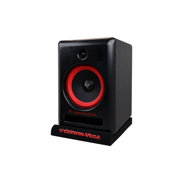 The VEGA Series 4" Studio Monitor has a black, sleek, rectangular design with glossy finish, featuring a prominent red woofer and smaller tweeter. It's mounted on black V4SPAD isolation pads with the Cerwin-Vega logo in bold red, offering excellent sound clarity.