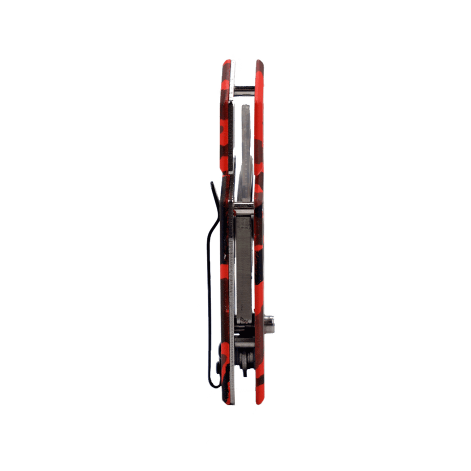 Closed side view of the Cerwin Vega Pocket Knife featuring a black and red camo handle, partially visible premium stainless steel blade, and attached black clip with metallic components on display.