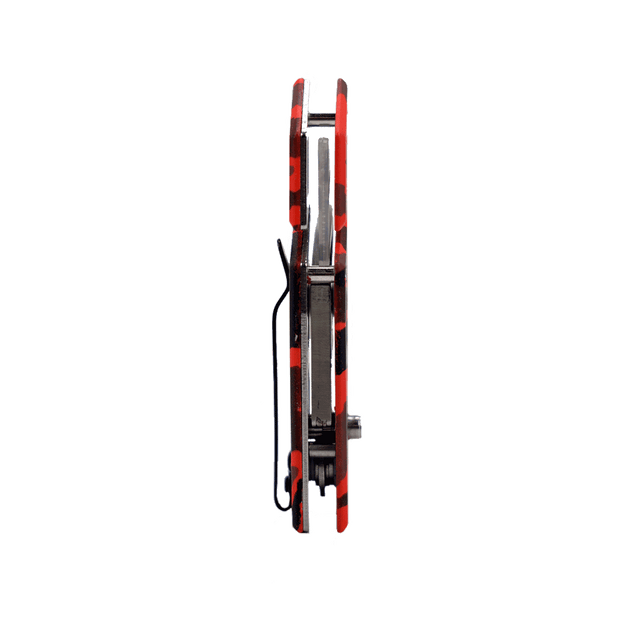 Closed side view of the Cerwin Vega Pocket Knife featuring a black and red camo handle, partially visible premium stainless steel blade, and attached black clip with metallic components on display.