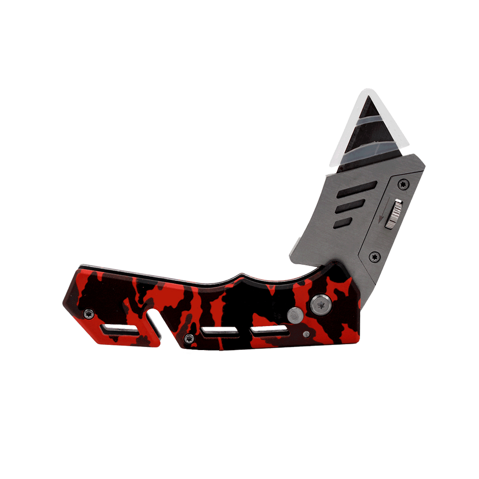 The Cerwin Vega Pocket Knife boasts a futuristic, angular design with a black and red camouflage handle. Its premium stainless steel blade, partially open, features a geometric cut-out near the pivot. Enhanced by a locking mechanism and textured grip, this knife is sharp, bold, and built for action!.