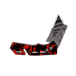 The Cerwin Vega Pocket Knife boasts a futuristic, angular design with a black and red camouflage handle. Its premium stainless steel blade, partially open, features a geometric cut-out near the pivot. Enhanced by a locking mechanism and textured grip, this knife is sharp, bold, and built for action!.