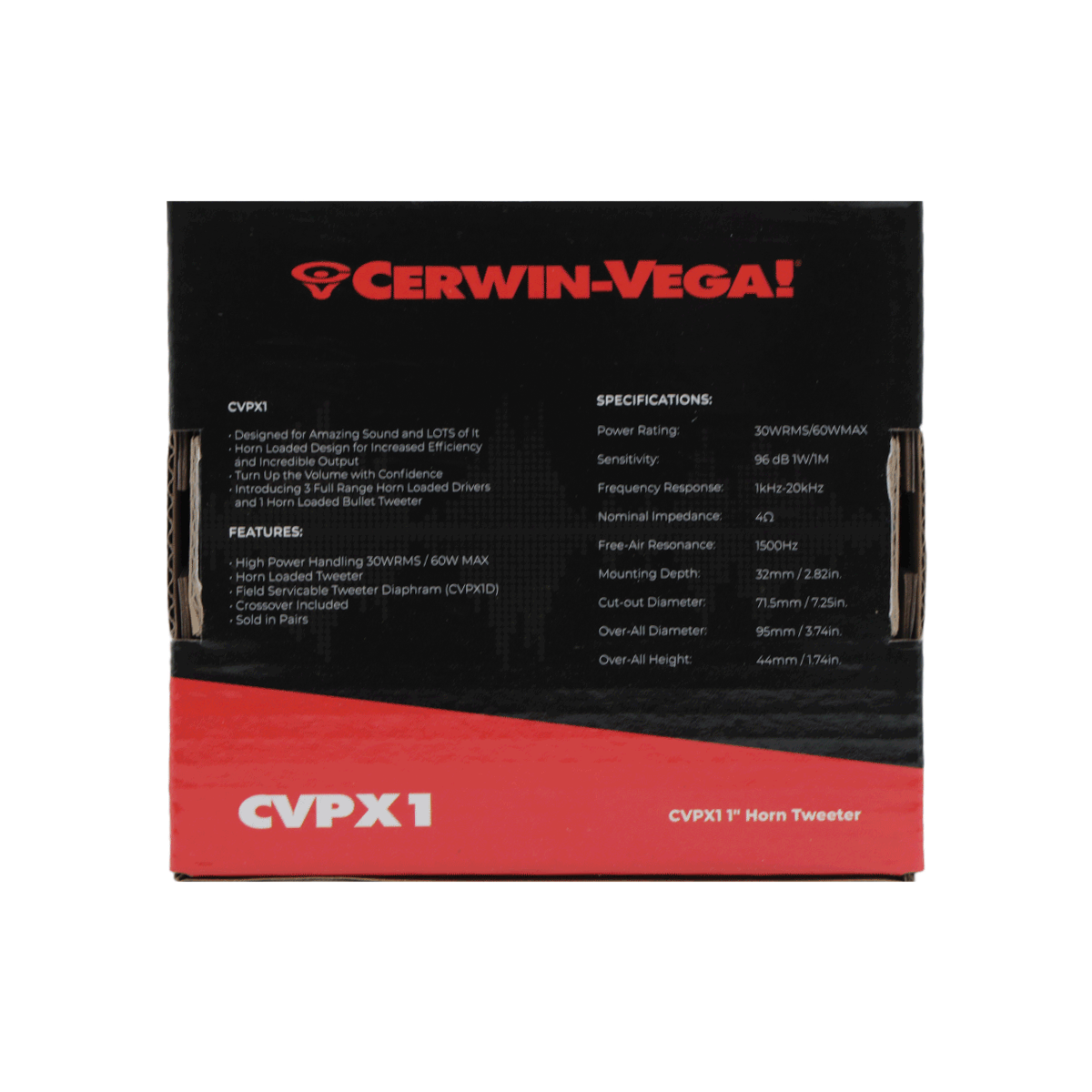 The CVPX1 box is striking, with a black upper part displaying the red Cerwin-Vega logo. The vibrant red below highlights 