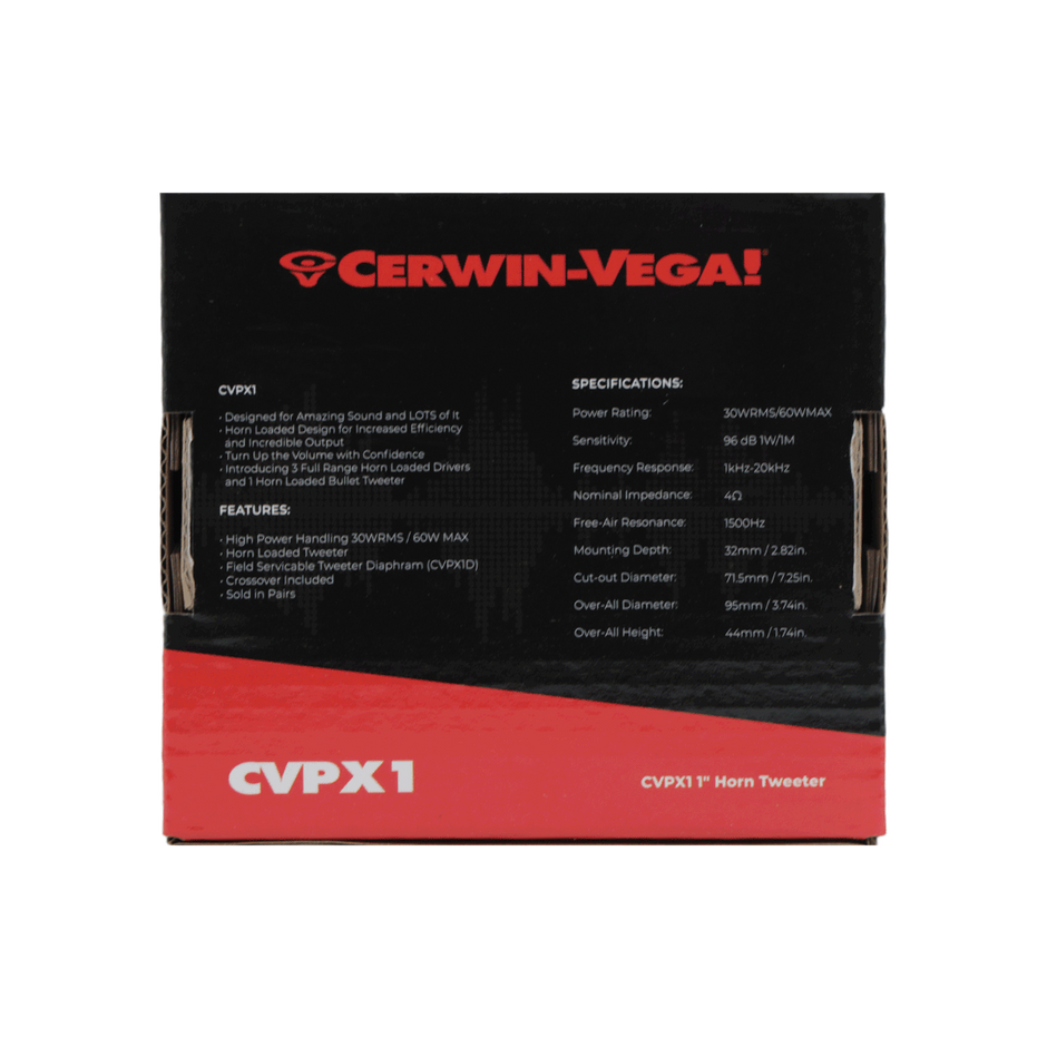 The CVPX1 box is striking, with a black upper part displaying the red Cerwin-Vega logo. The vibrant red below highlights 