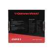 The CVPX1 box is striking, with a black upper part displaying the red Cerwin-Vega logo. The vibrant red below highlights 