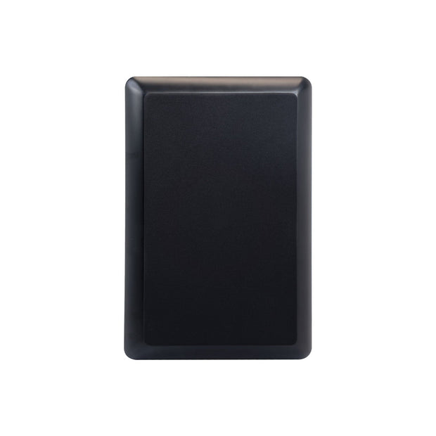 A black, rectangular, flat device with rounded corners, similar to a closed laptop or tablet, is centered on a plain white background. Its smooth surface resembles the sleek design of VEGA Series 4" Magnetic Mount Grille for VEGA4S - V4SG.