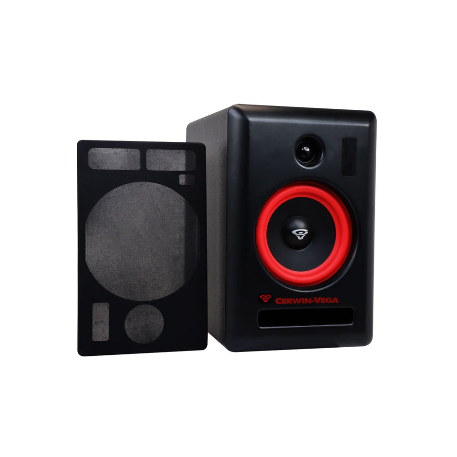 A black speaker with a red woofer and small black tweeter, featuring the Cerwin-Vega logo and VEGA Series 4" Magnetic Mount Grille (V4SG), allows for easy removal. A slot-shaped bass port at the bottom enhances sound quality while providing dust and impact protection.