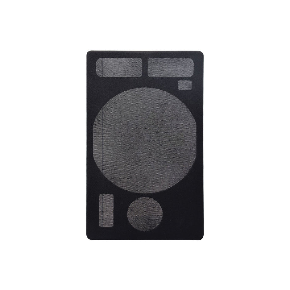 A black rectangular card features several embedded metal shapes: two small horizontal rectangles at the top, a large circle in the center, a smaller circle below it, and a vertical rectangle on the left. With its matte finish and modern industrial design, it's as sleek as the VEGA Series 4