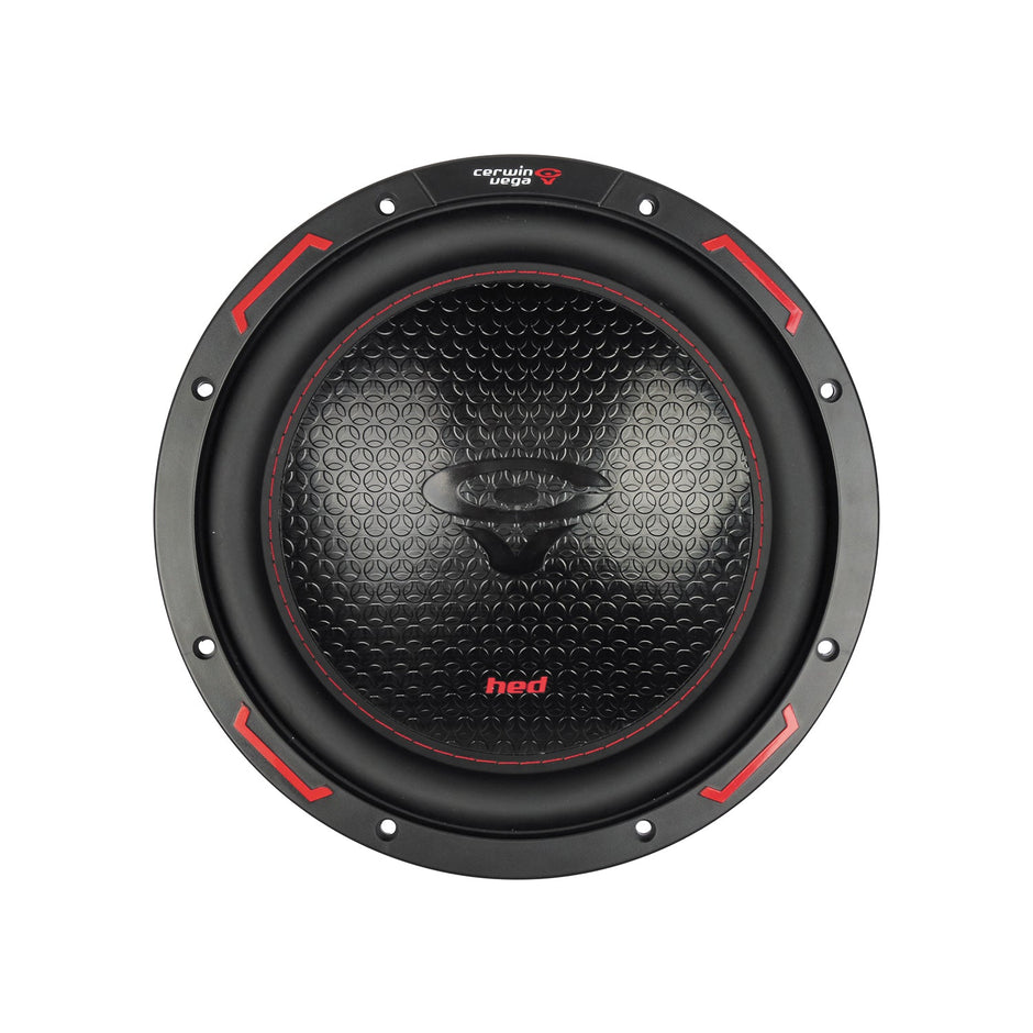 The HED 2025 Edition Subwoofer features a round design with a textured black cone, central logo, red and black theme including red "hed" on the cone, and a black surround adorned with small red triangles.