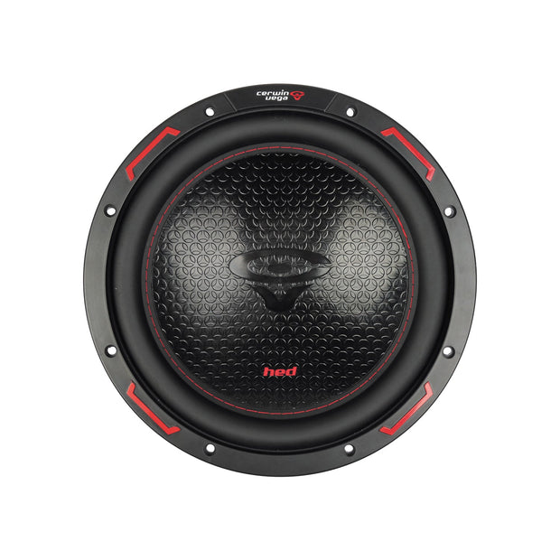 The HED 2025 Edition Subwoofer features a round design with a textured black cone, central logo, red and black theme including red "hed" on the cone, and a black surround adorned with small red triangles.