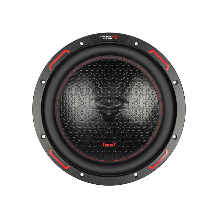 The Cerwin Vega HED 2025 Edition Subwoofer (H10DV4) features a sleek black and red design, with a patterned cone, prominent center logo, circular frame with red accents, and branding at the top, using dual 4Ω voice coils for both aesthetic appeal and modern performance.