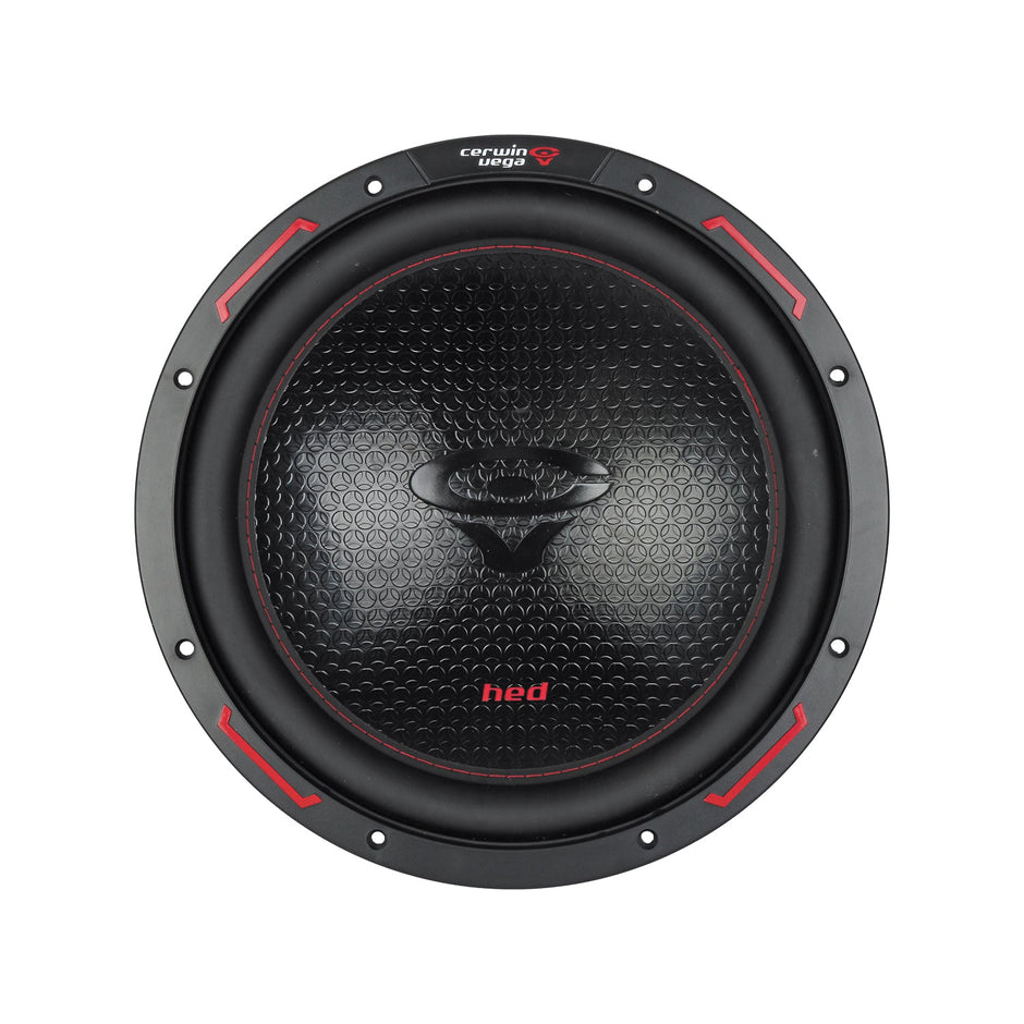 The HED 2025 Edition Subwoofer is a black circular 12" car subwoofer with a textured hexagonal diaphragm, featuring a central red logo and red accents. It includes metal mounting holes on the frame, with "Cerwin Vega" and "hed" printed on the outer ring. Model: H12DV2, Dual 2Ω voice coils.