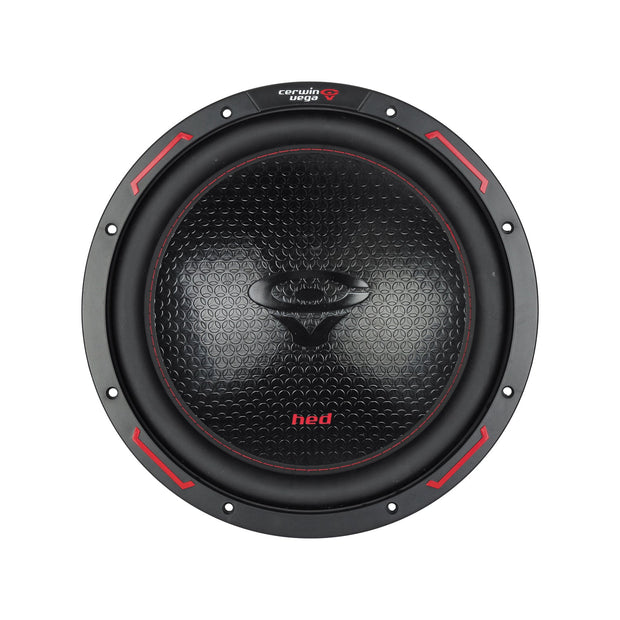 The HED 2025 Edition Subwoofer is a black circular 12" car subwoofer with a textured hexagonal diaphragm, featuring a central red logo and red accents. It includes metal mounting holes on the frame, with "Cerwin Vega" and "hed" printed on the outer ring. Model: H12DV2, Dual 2Ω voice coils.