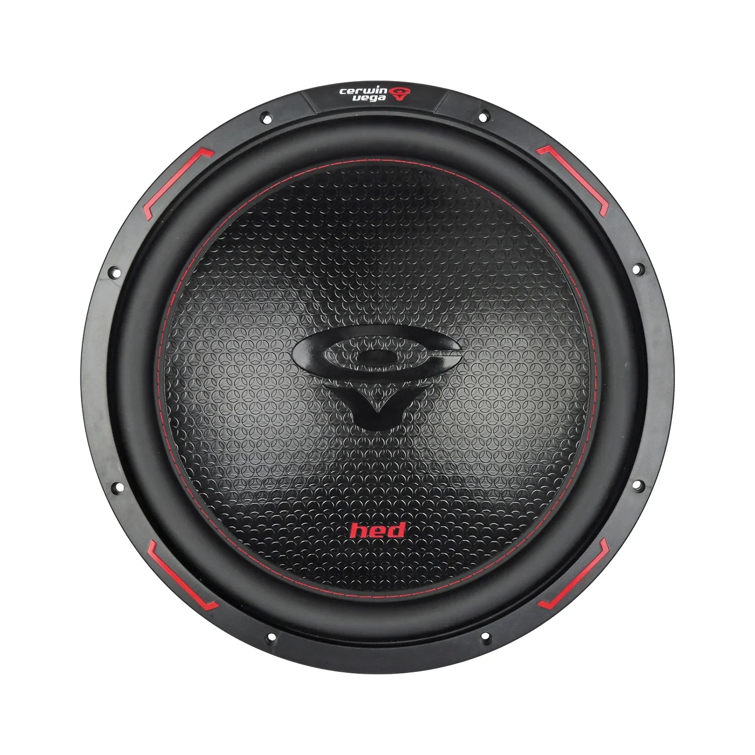 Close-up of a black Cerwin Vega HED 2025 Edition Subwoofer, model H15DV4. It features a textured, honeycomb-patterned cone with the red Cerwin Vega logo at the top and 