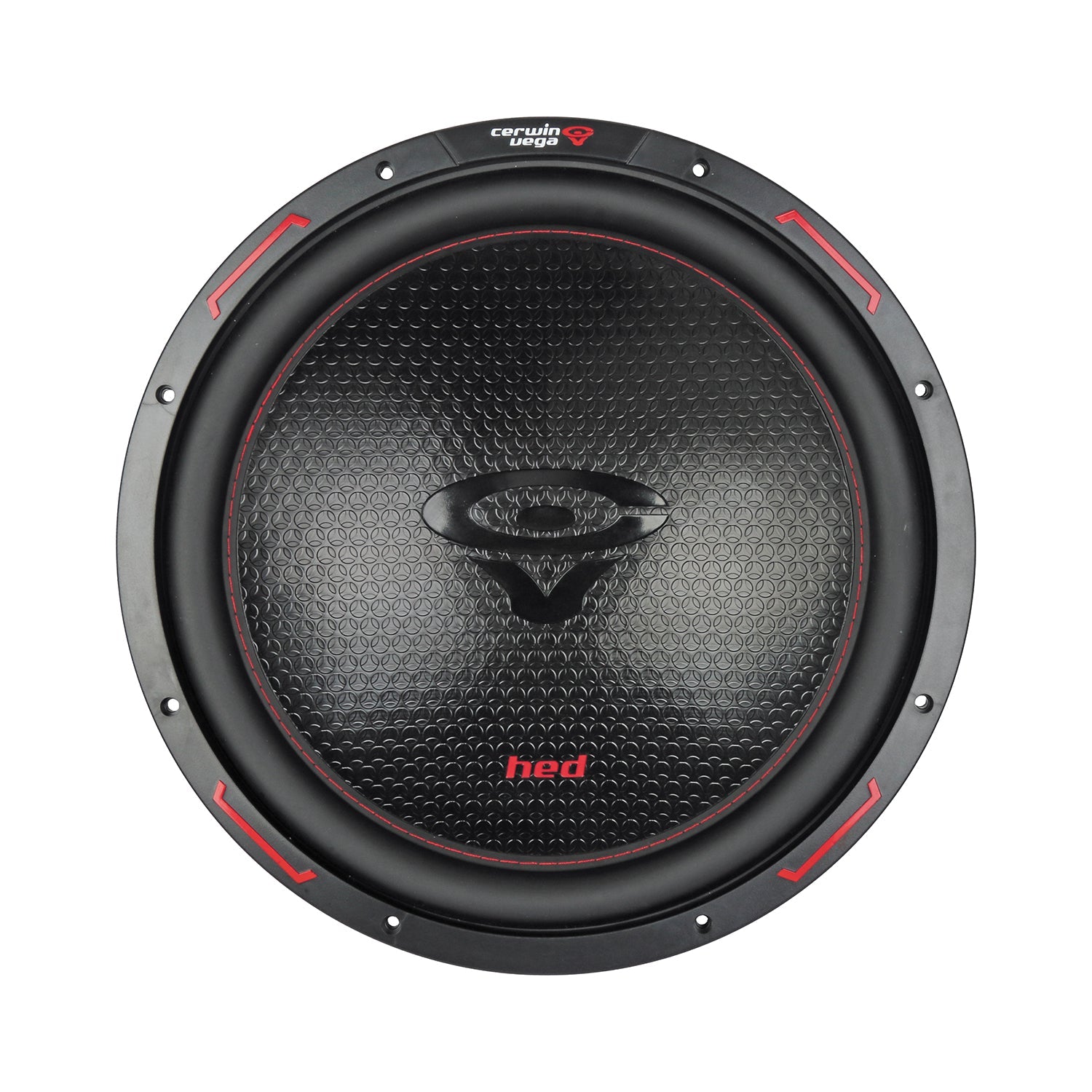 A close-up of the HED 2025 Edition Subwoofer reveals its round design with a textured black honeycomb-patterned cone, featuring a red 