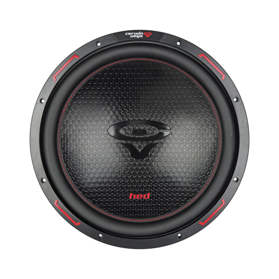 A close-up of the HED 2025 Edition Subwoofer reveals its round design with a textured black honeycomb-patterned cone, featuring a red "hed" logo at the bottom, surrounded by a black rubber ring with red accents. The robust frame and central black dust cap enhance its heavy-duty appeal.