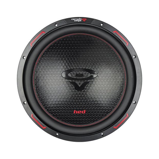A close-up of the HED 2025 Edition Subwoofer reveals its round design with a textured black honeycomb-patterned cone, featuring a red "hed" logo at the bottom, surrounded by a black rubber ring with red accents. The robust frame and central black dust cap enhance its heavy-duty appeal.