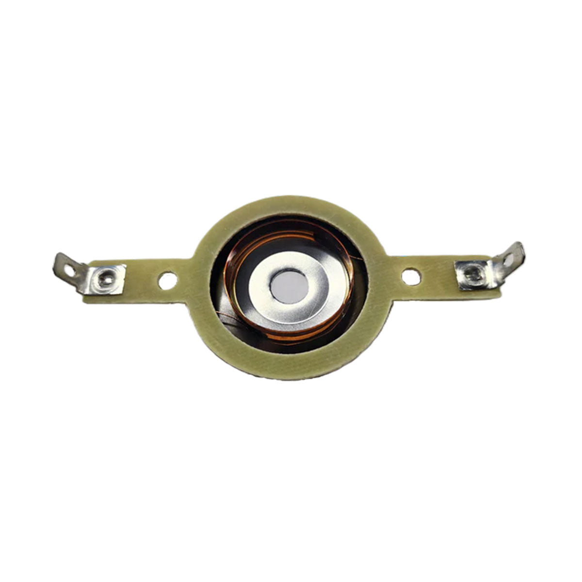 Close-up of Cerwin Vega's CVMPCL1.0STD circular thermodisc thermostat showcasing a metallic center, flat metal arms with mounting holes, and a greenish ring framing an exposed copper-colored coil inside, reminiscent of the precision in the 1