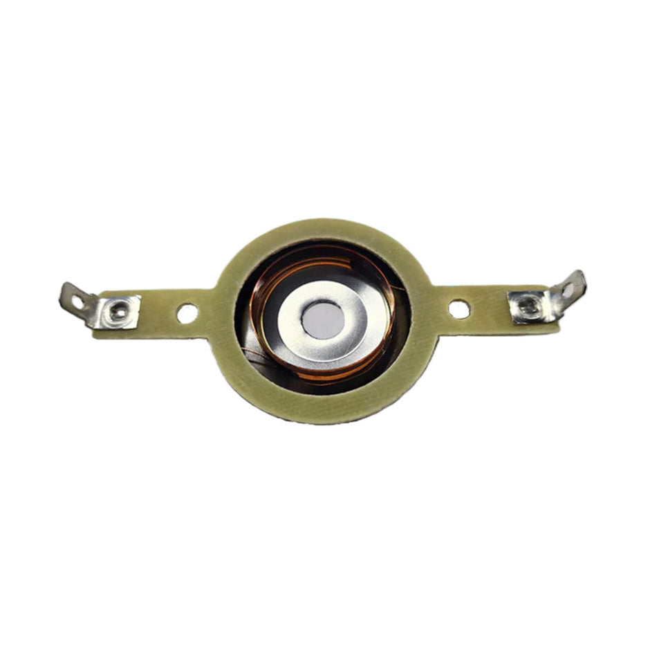 Close-up of Cerwin Vega's CVMPCL1.0STD circular thermodisc thermostat showcasing a metallic center, flat metal arms with mounting holes, and a greenish ring framing an exposed copper-colored coil inside, reminiscent of the precision in the 1" Stroker Pro Titanium Tweeter Diaphragm.