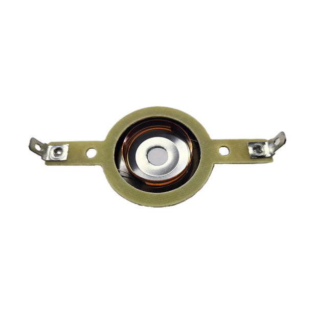 Close-up of Cerwin Vega's CVMPCL1.0STD circular thermodisc thermostat showcasing a metallic center, flat metal arms with mounting holes, and a greenish ring framing an exposed copper-colored coil inside, reminiscent of the precision in the 1" Stroker Pro Titanium Tweeter Diaphragm.