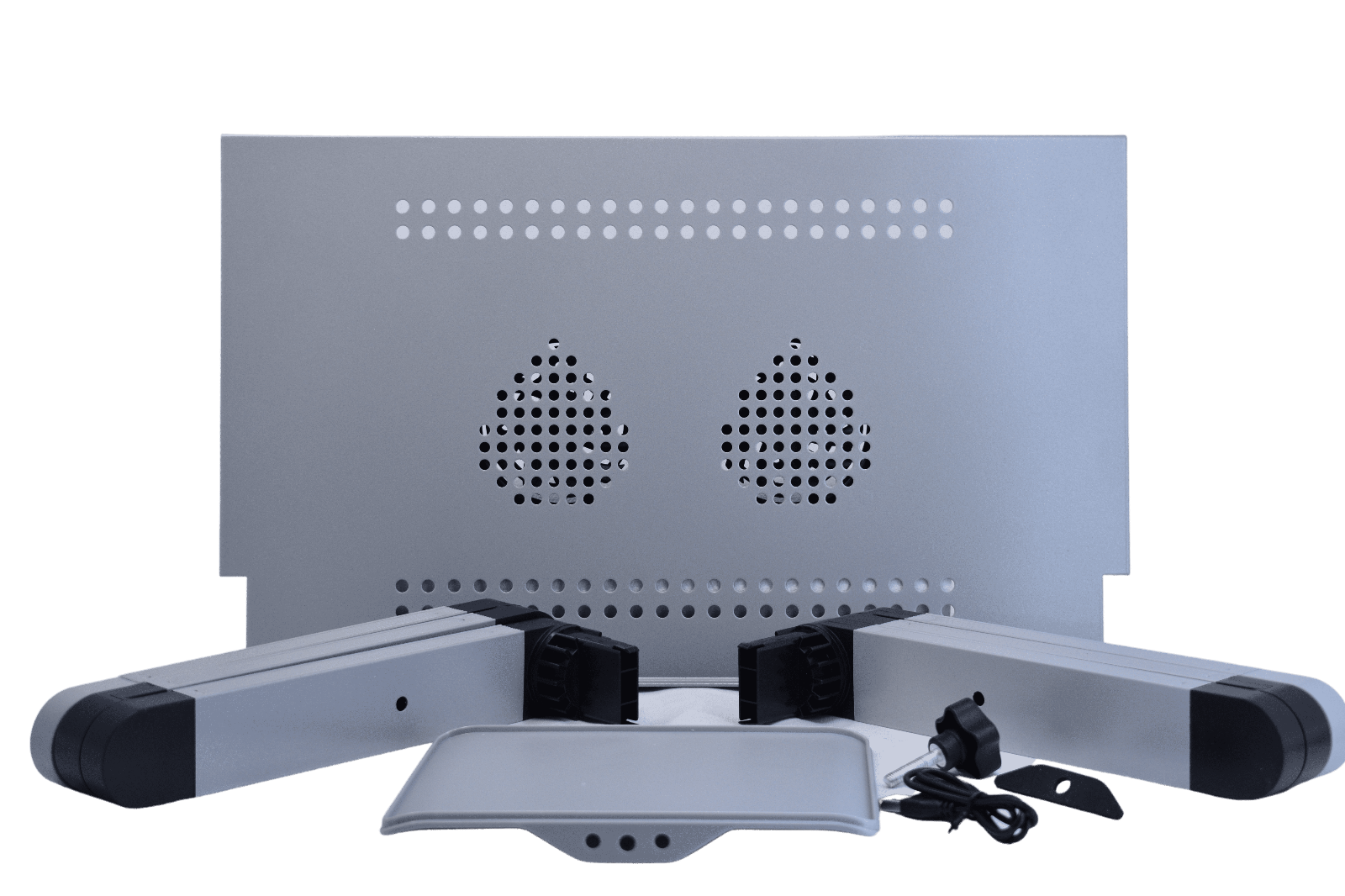 Adjustable Laptop Table Stand with Cooling Fan, Foldable Standing Desk & Non-Slip Mousepad (Gray)