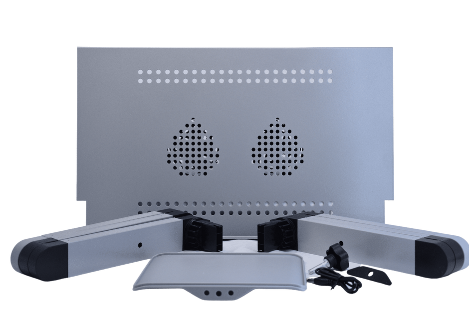 Adjustable Laptop Table Stand with Cooling Fan, Foldable Standing Desk & Non-Slip Mousepad (Gray)