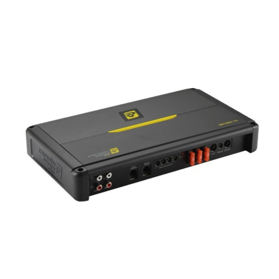 The Stroker Amplifier is a compact, rectangular black car audio amplifier with a yellow stripe on top. It features input ports and the brand logo on the left side and orange output terminals on the right, with rounded edges for a sleek design.