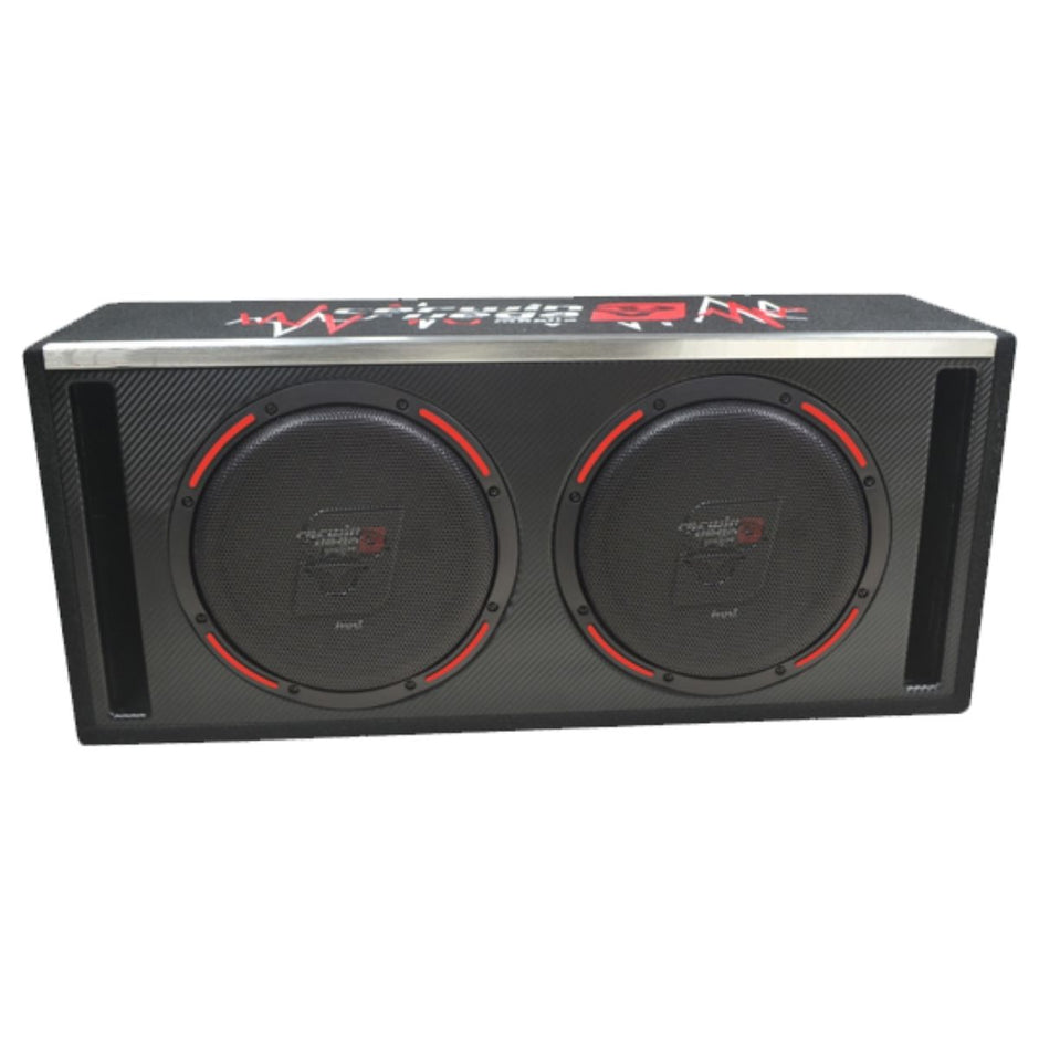 Rectangular black HED Subwoofer Enclosure with two round subwoofers featuring red accents and central logos. It has a textured surface, white and red graphics with 