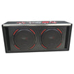 Rectangular black HED Subwoofer Enclosure with two round subwoofers featuring red accents and central logos. It has a textured surface, white and red graphics with 