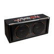 Black rectangular HED Subwoofer Enclosure featuring two round subwoofers with orange accents. The top displays 