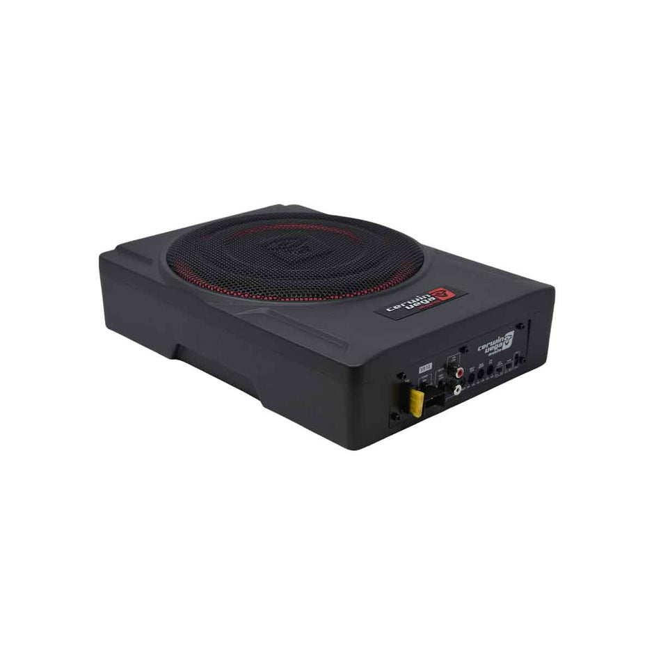 The VEGA Active Subwoofer is a compact, black, rectangular car subwoofer with a round grille on top. It features side ports and RCA inputs, and controls. A red-accented brand logo on the top enhances its sleek design.