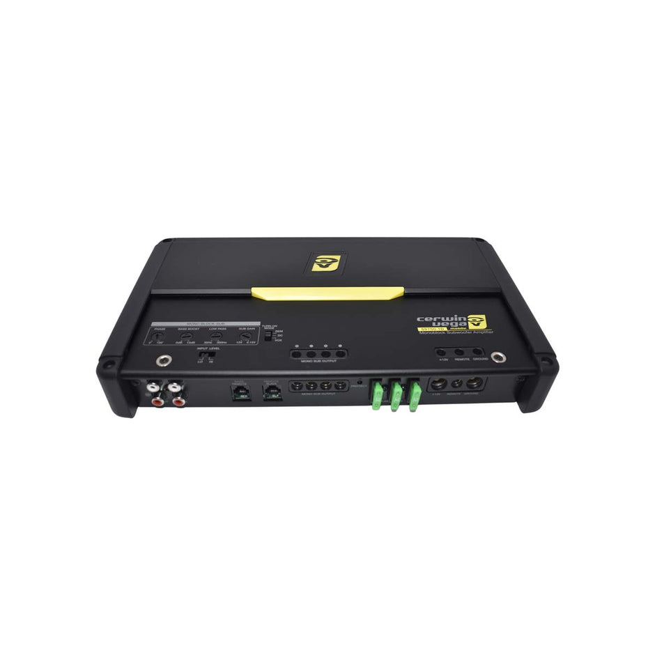 The Cerwin Vega Stroker 500W RMS Class-D Mono Amplifier-S9750.1D boasts a sleek design with rounded edges, a yellow accent, and a vivid logo on a black finish. Ideal for SPL enthusiasts, it includes multiple ports like RCA inputs and speaker outputs, all against a white background.