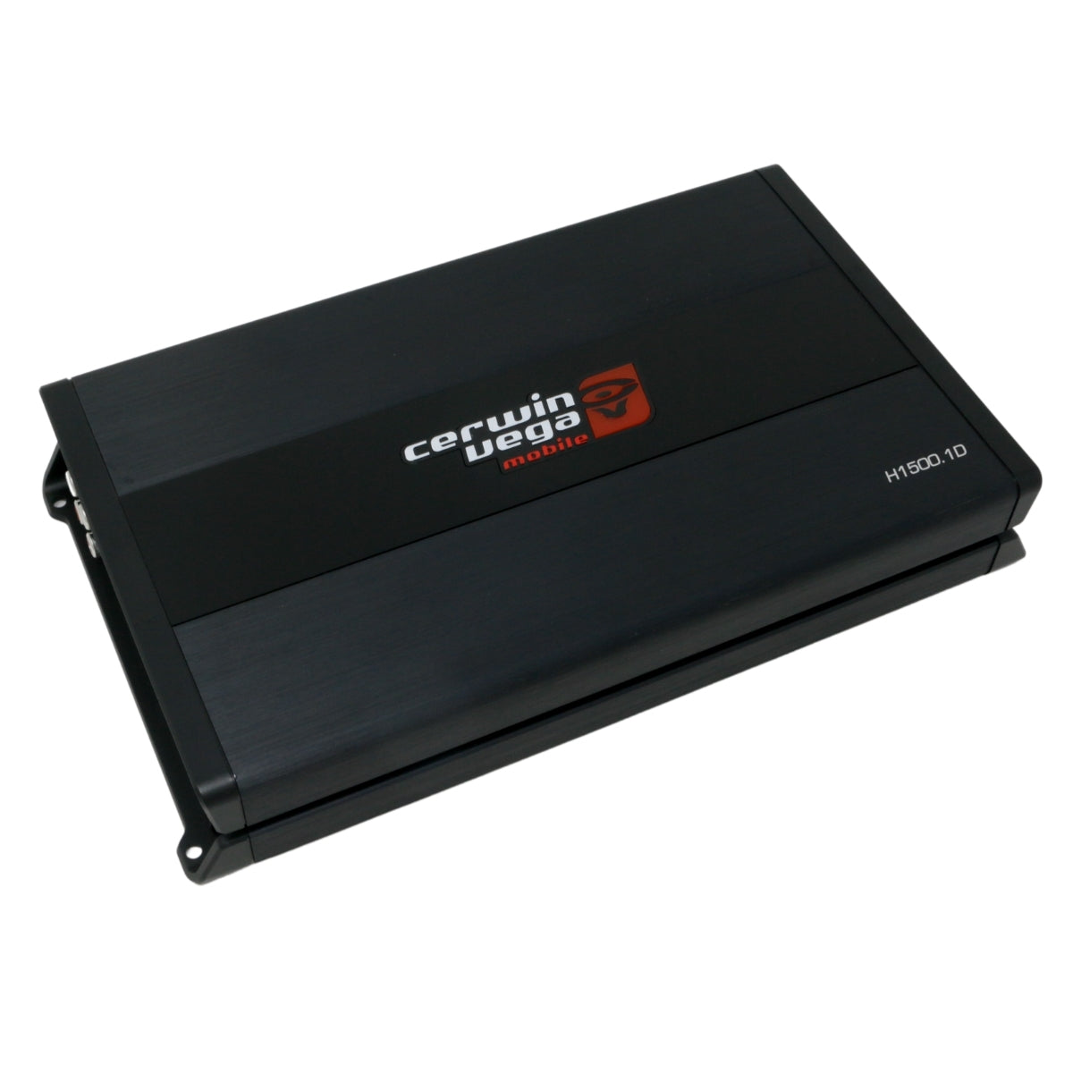 The Cerwin Vega Mobile HED Amplifiers features a black rectangular car amplifier with a sleek, brushed metal finish. A red icon and the logo are on top, and 
