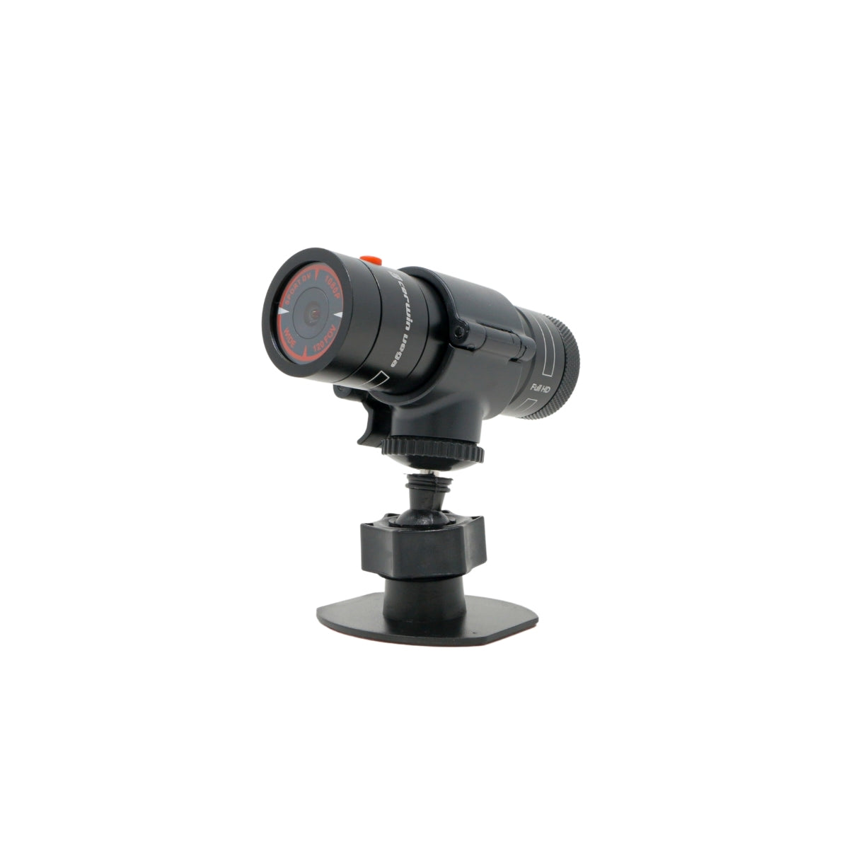 The C400 Powersport Action Camera is a compact, black cylindrical device with a wide-angle lens mounted on a sturdy base. It features red indicators around the lens and an adjustable ball joint. This waterproof design ensures durability, making it perfect for capturing high-definition videos in any environment.