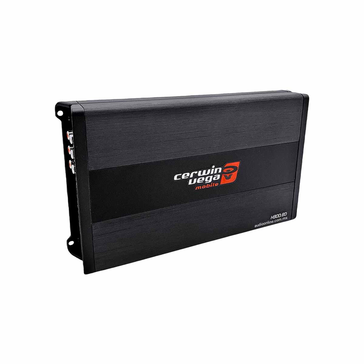 The rectangular black HED Amplifiers by Cerwin-Vega feature a sleek design with a logo on the front. The textured body includes visible connection ports on one side, and model number H41200.2D is printed in the lower corner, giving it a minimalist and professional appearance.