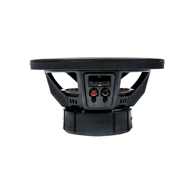 A side view of a VEGA Series 8" Dual Voice Coil Subwoofer (2Ω) - V82DV2 shows its black robust metal frame with a circular cone, dual voice coils for wiring versatility, and an embossed logo. Its modern design ensures durability and high performance for car audio enthusiasts.