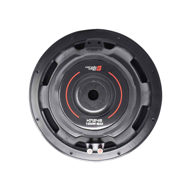 The HED Series 12" SVC Subwoofer (4Ω) - H7124S by Cerwin Vega features a circular design with black and red colors, "1200W MAX" branding, a rugged outer frame, and visible metal connectors. Ideal for car audio enthusiasts.