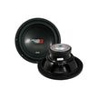 Two black Cerwin Vega XED car subwoofers are displayed. The front of one showcases the brand name and logo, while the back of the other reveals a circular metal magnet and mounting structure. The design is sleek and modern.