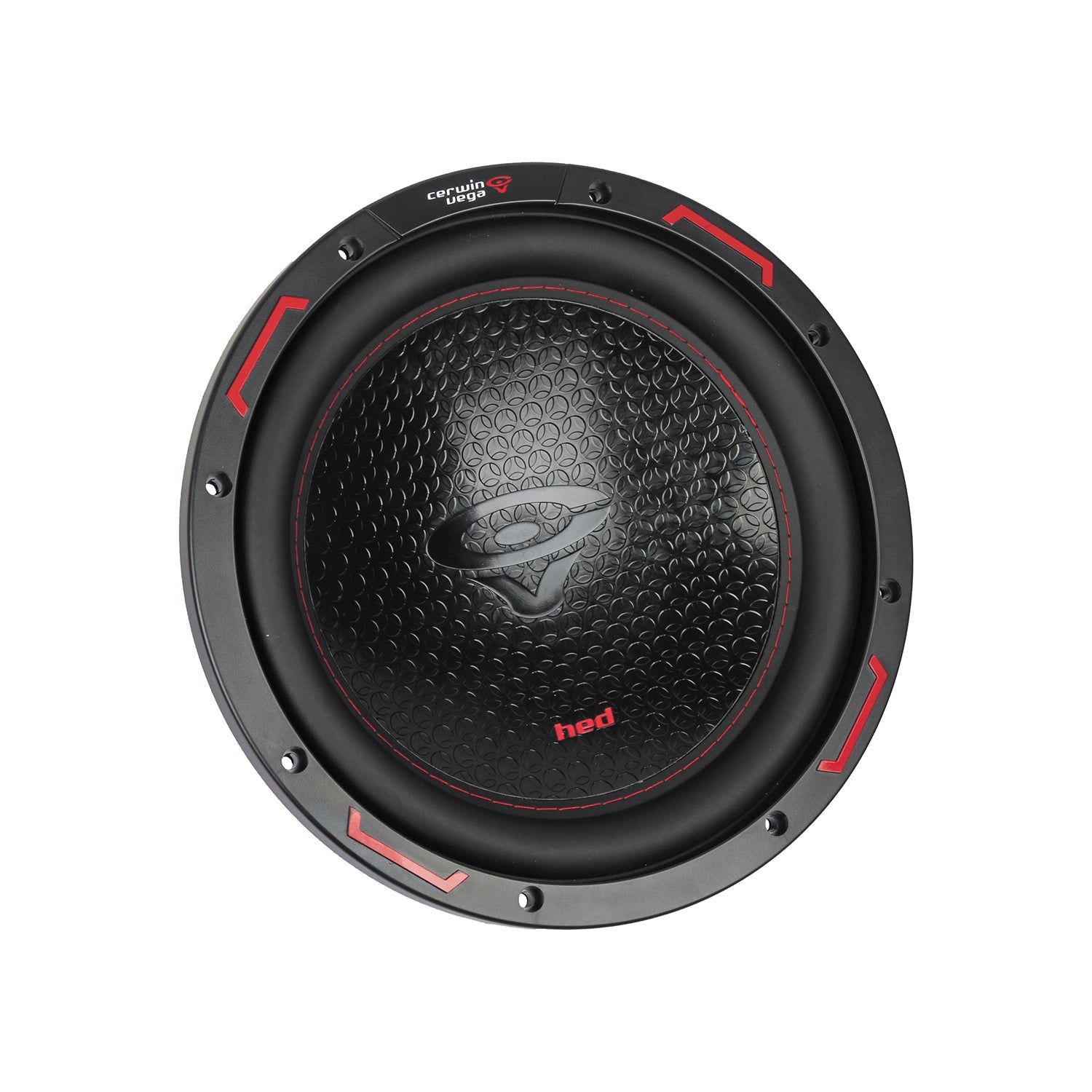 A round black HED 2025 Edition Subwoofer with a textured honeycomb diaphragm, red accents, an eye-like logo at the center above 
