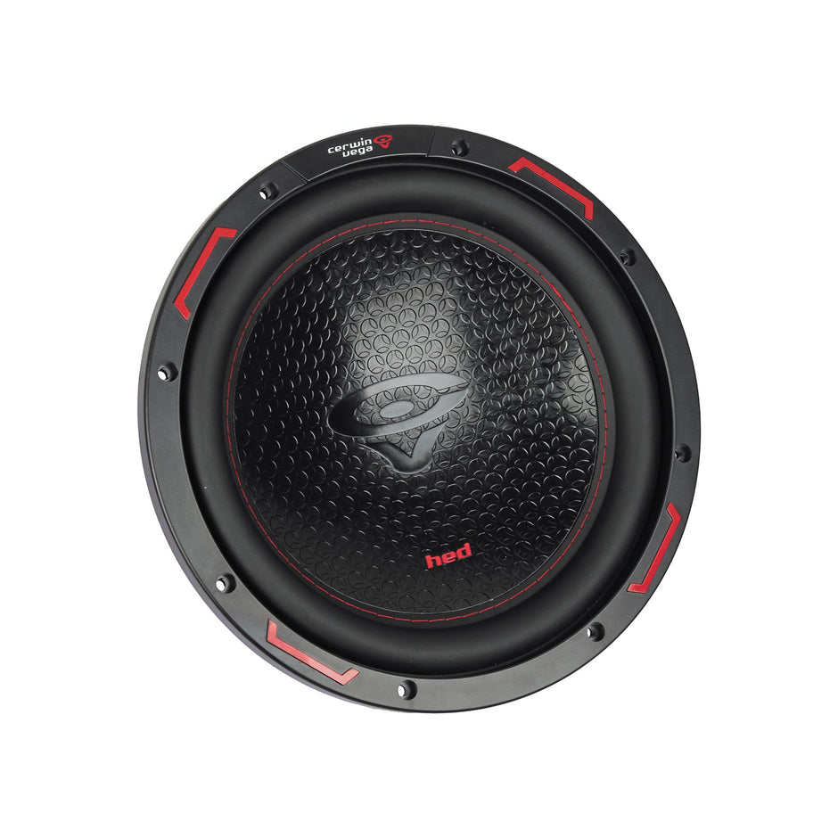 A round black HED 2025 Edition Subwoofer with a textured honeycomb diaphragm, red accents, an eye-like logo at the center above 