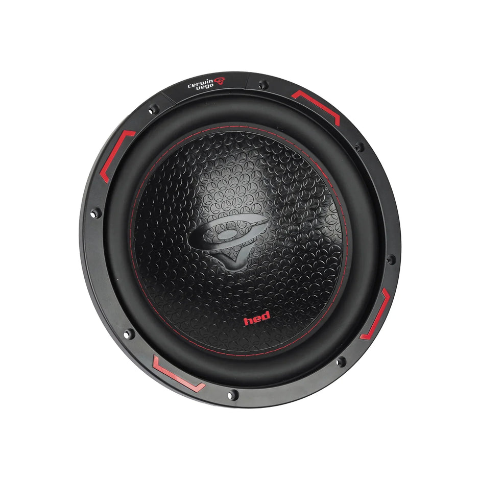 The image shows the HED 2025 Edition black 10-inch CERWIN-VEGA subwoofer featuring red accents. The textured central cone displays a stylized logo, brand name, and 