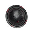 The image shows the HED 2025 Edition black 10-inch CERWIN-VEGA subwoofer featuring red accents. The textured central cone displays a stylized logo, brand name, and 