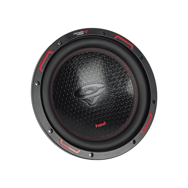 A round black HED 2025 Edition Subwoofer with a textured honeycomb diaphragm, red accents, an eye-like logo at the center above "hed" in red. The outer rim showcases markings and additional red design elements.