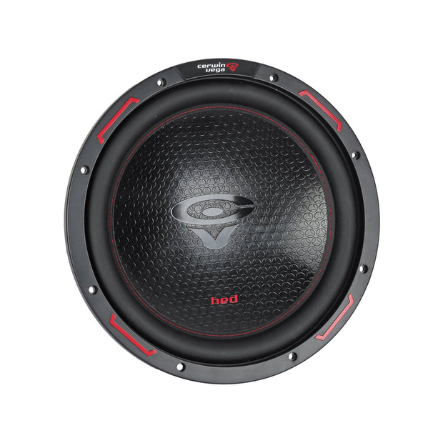 The HED 2025 Edition Subwoofer (H12DV2) by Cerwin Vega features a round 12" design with a textured black cone and central logo. Red accents highlight the edge and "hed" in red adorns the bottom. Its sleek, modern look is completed with black and red detailed outer rim.