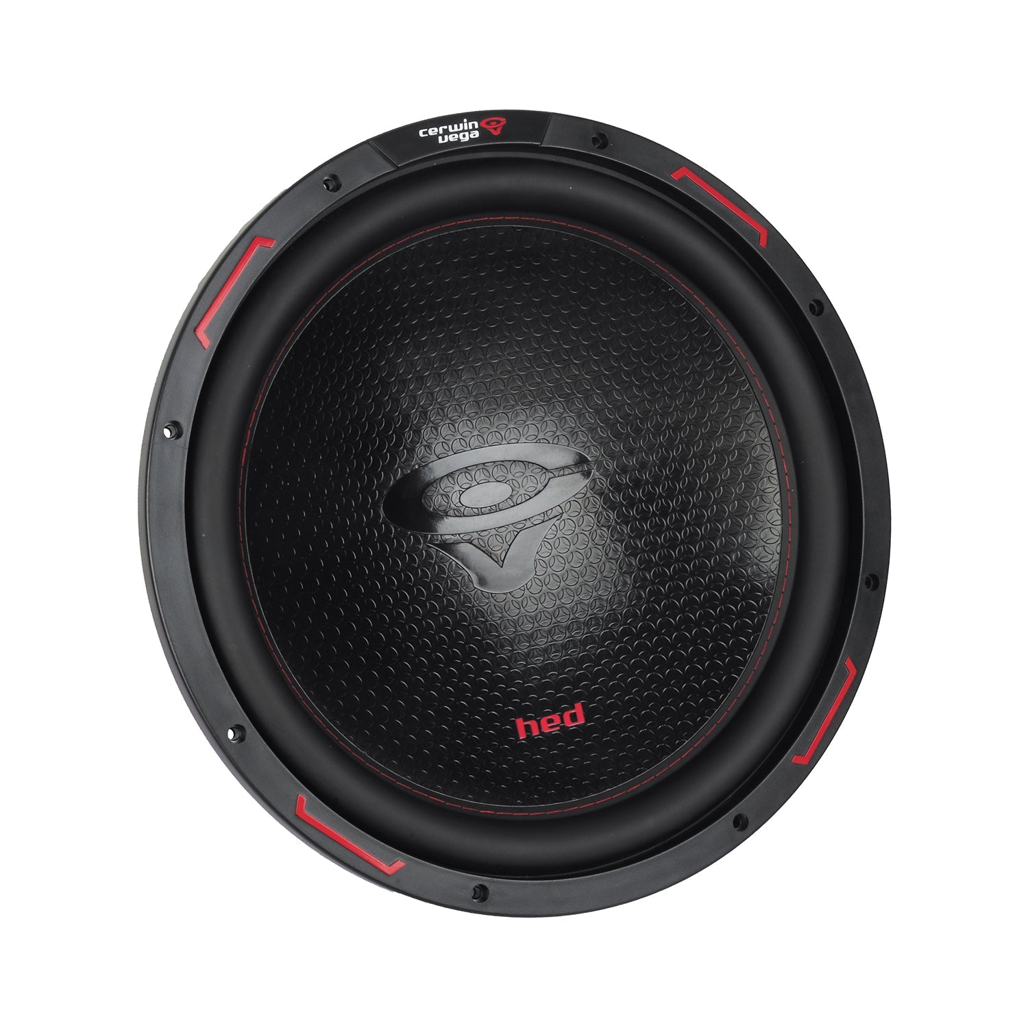 A black HED 2025 Edition Subwoofer (H15DV2) features a textured center cone with a silver logo. Its edge has red accents, displaying 
