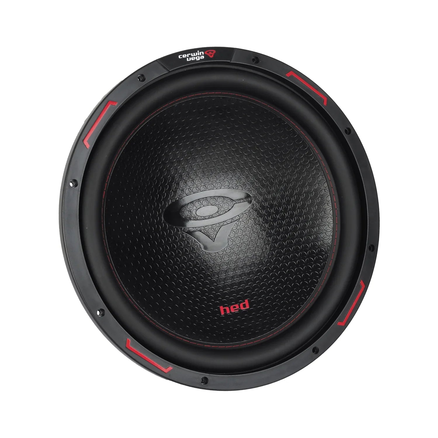 The HED 2025 Edition Subwoofer by Cerwin Vega features a black circular design with a textured cone, an oval logo with a swoosh, 