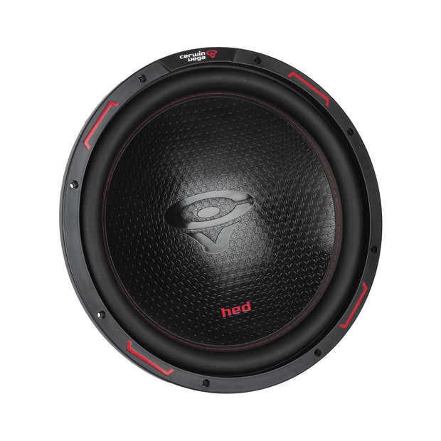 A black HED 2025 Edition Subwoofer (H15DV2) features a textured center cone with a silver logo. Its edge has red accents, displaying "hed" and "Cerwin Vega" in small font at the top, offering a sleek, modern round design.