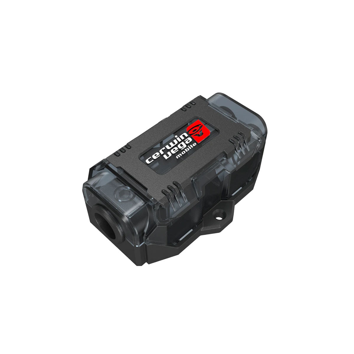 A black and gray audio amplifier with a transparent casing showcases a sleek, compact design with rounded edges and the 