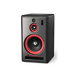 The Studio Monitors are black, rectangular speakers with a glossy finish, featuring a large red woofer at the bottom and a smaller red tweeter above. Each has a white emblem logo in the center and a front-bottom port.