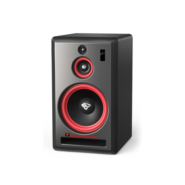 The VEGA10SB-SAT 10" studio monitor features a black design with two circular drivers, red trim, and an eye logo. Rectangular ports are placed below the drivers and at the top right. The design is completed with a red logo and text.