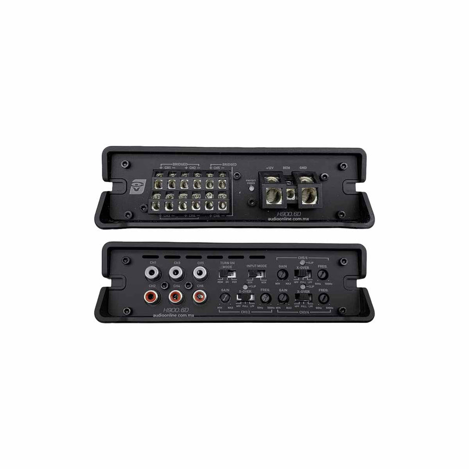 Close-up of two black rectangular HED Amplifiers. The top one has green terminal connectors and fuses, while the bottom features RCA inputs, control knobs, and switches for audio adjustments. Both are detailed with labels and branding.